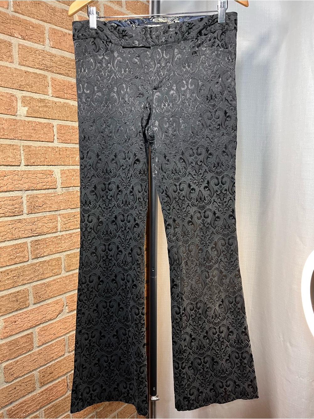 90s World X Black Brocade Damask Low Rise Flare Pants Size 9/10. Y2K - Picture 1 of 6